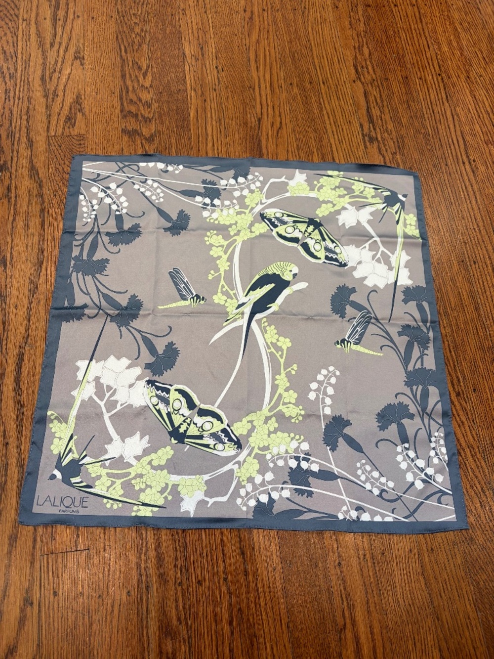Lalique Parfums Paris Silk Square Scarf 20" Art Nouveau Parakeet Butterfly Moth